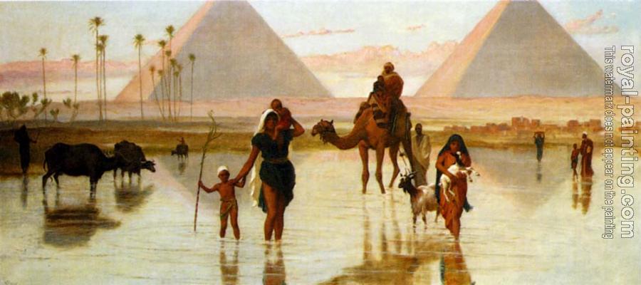 Frederick Goodall : Arabs Crossing A Flooded Field By The Pyramids